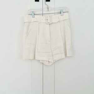 Veronica Beard White Linen High-Waist Belted Shorts